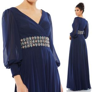 Mac Duggal 79390 Size 10 Bishop Sleeve Belt Detail Flowy Chiffon Gown, Midnight